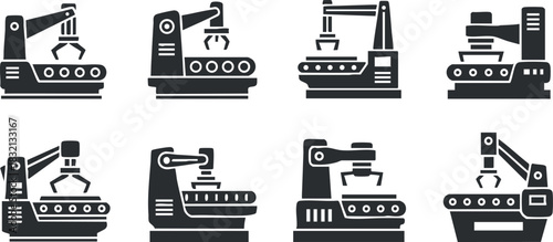 A set of industrial machines and conveyor systems in black and white minimalist vector style, suitable for manufacturing and logistics projects