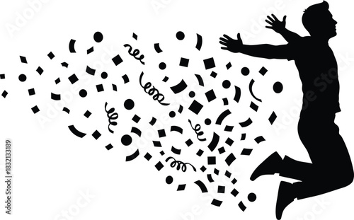 Silhouette of a person jumping and bursting into confetti