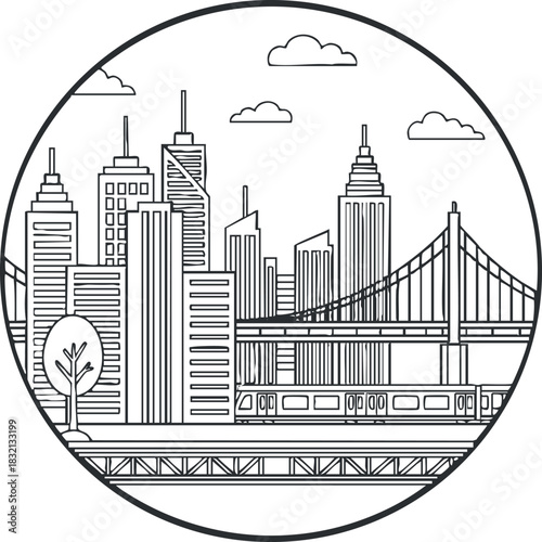 A city skyline featuring modern skyscrapers and a bridge with a train in outline vector style, suitable for urban design projects
