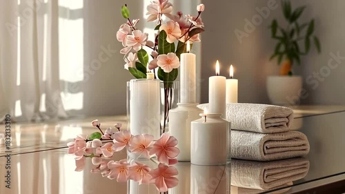 Elegant spa setting with soft candlelight and floral arrangements creating a relaxing ambiance