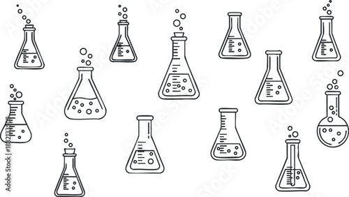 A collection of laboratory flasks and beakers in outline minimalist vector style, perfect for educational and scientific projects