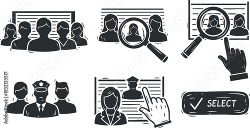 A collection of police investigation icons including silhouettes, a magnifying glass, and a selection button in black and white vector style, suitable for law enforcement graphics and applications