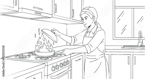 A chef cooking on a stove with a flaming pan in black and white line art style, suitable for culinary illustrations