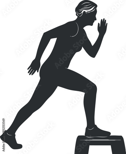A silhouette of a female runner in a dynamic pose, displaying athleticism in black and white minimalist vector style, perfect for fitness and health-related designs