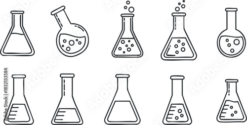 A collection of laboratory glassware including flasks, beakers, and test tubes in outline vector style, ideal for educational and scientific projects