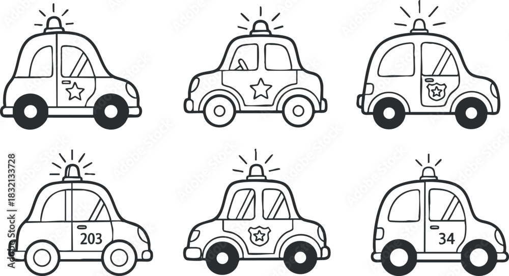 Naklejka premium A set of six cartoon-style police cars with sirens and badges in black and white vector style, suitable for children's design projects
