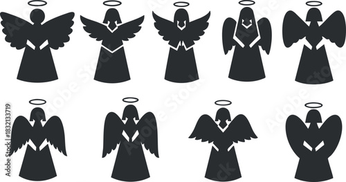 A collection of eight angel silhouettes with wings and halos in black vector style, suitable for religious and spiritual design projects