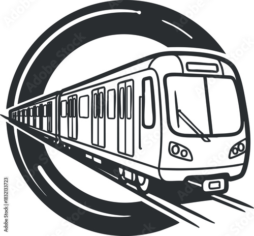 A modern subway train in a circular logo design, featuring a clean black and white vector style, suitable for transportation branding and urban design projects