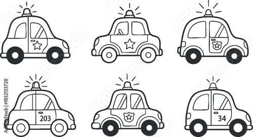 A set of six cartoon-style police cars with sirens and badges in black and white vector style, suitable for children's design projects