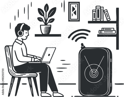 A person sitting at a desk with a laptop and headphones in a minimalist vector style home office, perfect for modern workspace design