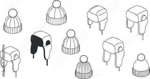 A collection of winter hats including beanies and earflap styles in minimalist line art vector style, perfect for fashion and accessory designs