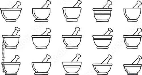 A set of mortar and pestle icons in clean outline minimalist vector style, ideal for culinary and kitchen design projects