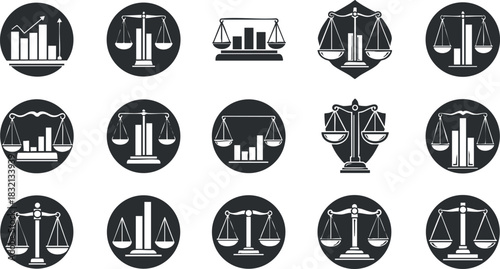 A set of scales of justice icons featuring graphs and charts in black and white minimalist vector style, ideal for legal and financial design projects