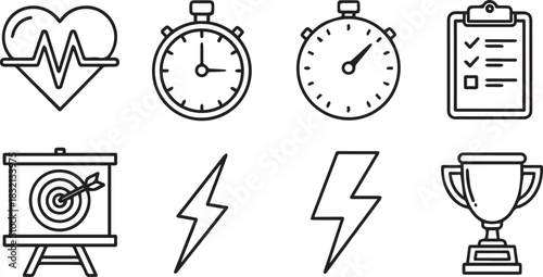 Set of icons representing health time management goals and success.