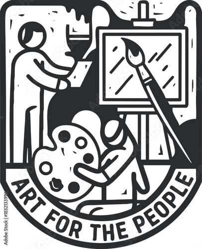 A creative art badge featuring an artist with a palette and easel in black and white vector style, ideal for art community branding
