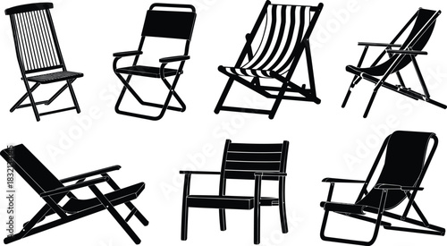 Assortment of Folding Chairs and Deck Chairs Black Silhouettes lounge chair outdoor furniture