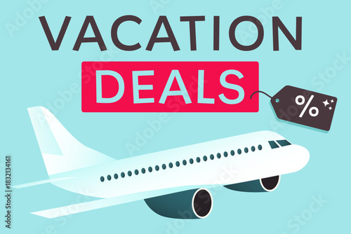 Vacation deals. Airplane with percentage tag and text. Travel savings and promotion concept.