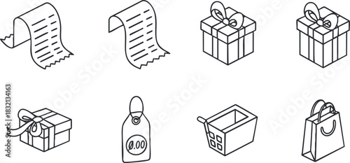 A collection of gift boxes, receipts, price tags, and shopping bags in black and white minimalist vector style, suitable for retail and e-commerce branding