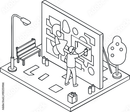An isometric illustration of an artist creating street art on a wall in outline vector style, suitable for urban art projects