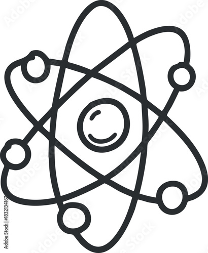An outline illustration of an atom with electrons orbiting the nucleus in a minimalist vector style, perfect for educational materials and scientific designs