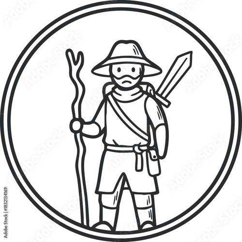 A warrior character holding a sword and staff in outline vector style, ideal for adventure-themed designs