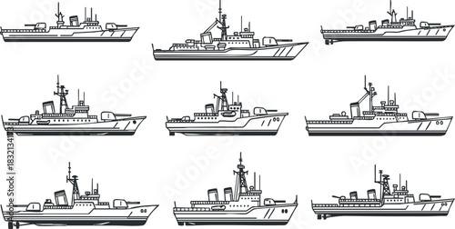 A collection of various ships and vessels in black and white outline vector style, suitable for maritime projects and designs