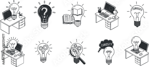 A collection of icons featuring lightbulbs, curiosity expressions, computers, and books in black and white minimalist vector style, ideal for educational and creative projects