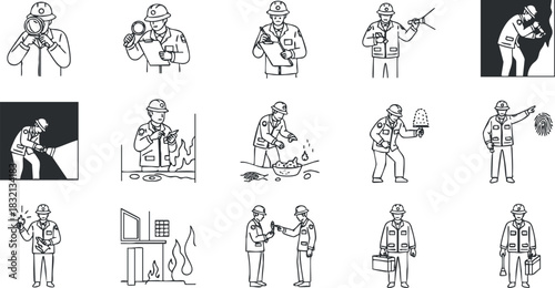 A set of construction and engineering worker illustrations in black and white outline vector style, suitable for industry-related projects and presentations