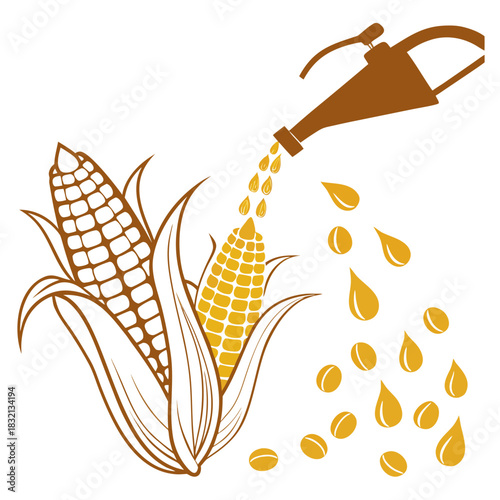 Corn kernels and oil droplets falling from a dispenser onto corn cobs symbolizing biofuel production