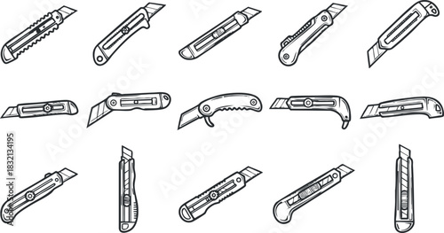 A collection of utility knives in black and white outline vector style, suitable for design and illustration projects