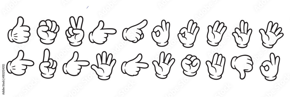 Obraz premium Mega set of Cartoon comic hands gestures with different signs and symbols. Gesturing human arms in doodle style. Hands poses. Vector illustration