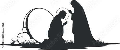 A silhouette of Mary and Joseph kneeling beside a manger in minimalist vector style, ideal for religious themes and Christmas designs