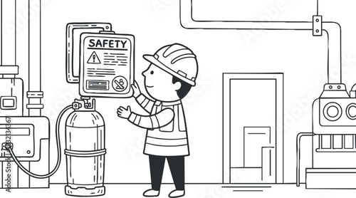 A safety engineer inspecting a safety sign near a gas cylinder in a black and white vector style, ideal for industrial safety illustrations