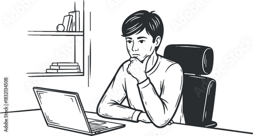 A thoughtful young man sitting at a desk with a laptop in outline minimalist vector style, suitable for work and study themes