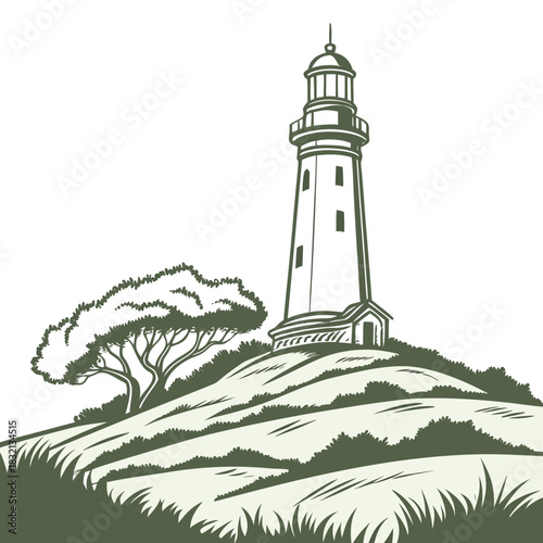 Classic lighthouse standing tall on a grassy hill beside a windswept tree