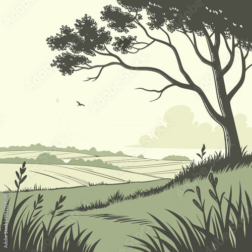 Stylized illustration of a serene rural landscape with rolling hills and a large tree overlooking fields