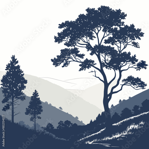 Serene landscape silhouette of rolling hills and trees under a bright sky