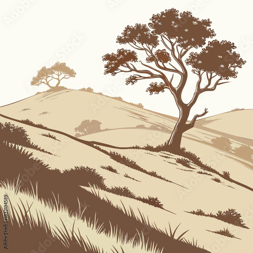 Stylized sepia toned drawing of rolling hills with grassy slopes and trees under a pale sky