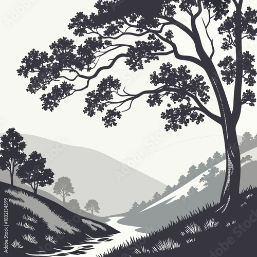Serene landscape silhouette of majestic tree overlooking a winding river and rolling hills