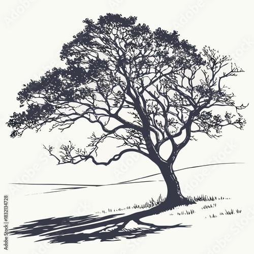 Silhouette of a solitary sprawling tree with intricate branches and a long shadow on a minimalist landscape