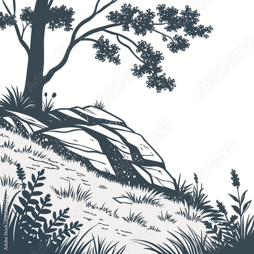 Stylized silhouette of a rocky hillside with a tree and lush vegetation against a white background