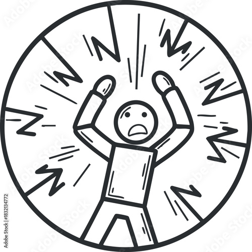 A distressed stick figure with raised arms surrounded by chaotic lines in black and white sketch style, representing anxiety and stress