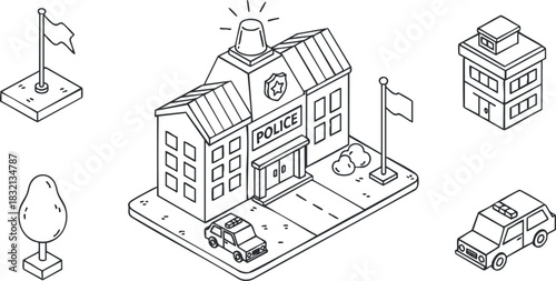 An isometric illustration of a police station with cars and trees in outline vector style, suitable for city planning and community design