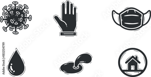 A collection of health and safety icons including a virus, hand gesture, protective mask, water drop, and home in modern vector style, suitable for health campaigns and awareness materials
