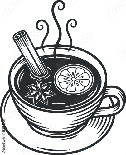 A cup of hot beverage with cinnamon stick and lemon slice in black and white hand-drawn vector style, ideal for café menus and branding