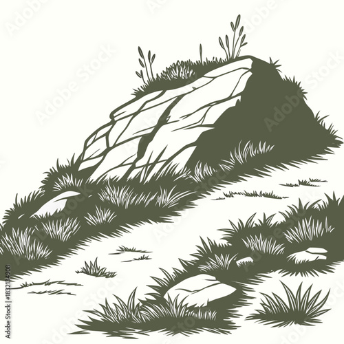 Stylized illustration of a rocky outcrop with tall grass and small stones on a white background