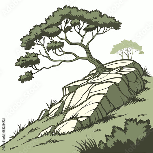 Stylized illustration of a resilient tree growing on a rocky outcrop with sparse grass and foliage