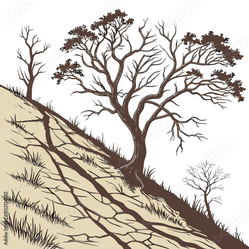 Stylized illustration of barren trees on a cracked dry hillside with sparse grass and dramatic shadows