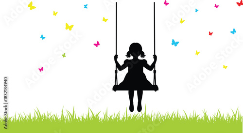 WebBlack Silhouette of Young Girl Happily Swinging High in Playground, Surrounded by Colorful Butterflies and Green Grass, Symbolizing Childhood Freedom