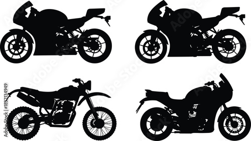 Collection of black motorcycle silhouettes including sport and dirt bike styles Keywords: silhouette, motorcycle, motorbike